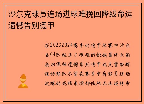 沙尔克球员连场进球难挽回降级命运遗憾告别德甲