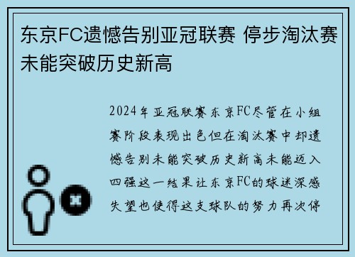 东京FC遗憾告别亚冠联赛 停步淘汰赛未能突破历史新高