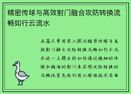 精密传球与高效射门融合攻防转换流畅如行云流水