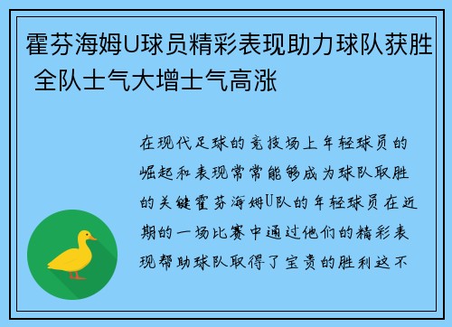 霍芬海姆U球员精彩表现助力球队获胜 全队士气大增士气高涨