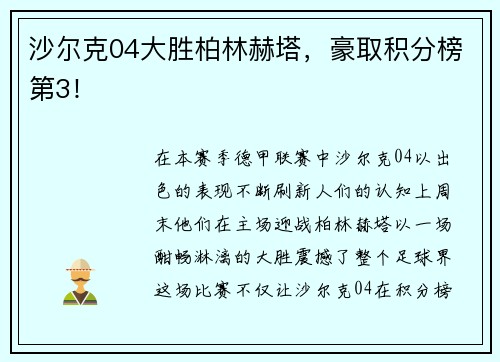 沙尔克04大胜柏林赫塔，豪取积分榜第3！