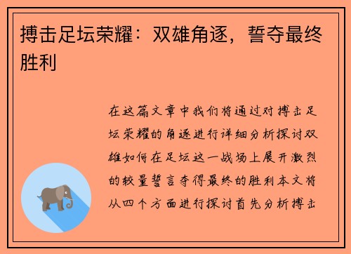 搏击足坛荣耀：双雄角逐，誓夺最终胜利