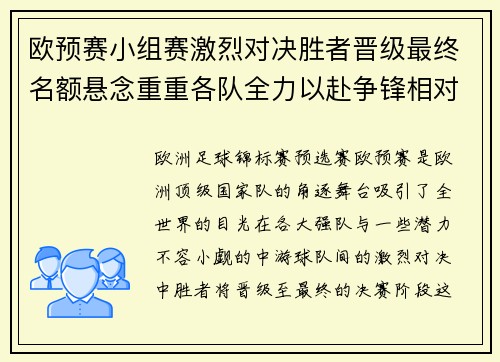 欧预赛小组赛激烈对决胜者晋级最终名额悬念重重各队全力以赴争锋相对