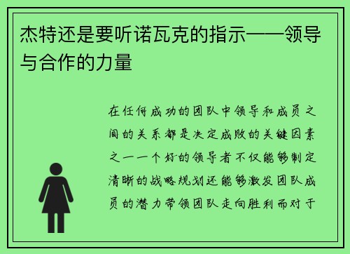 杰特还是要听诺瓦克的指示——领导与合作的力量