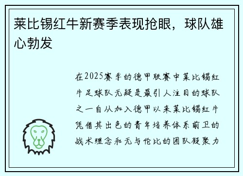 莱比锡红牛新赛季表现抢眼，球队雄心勃发