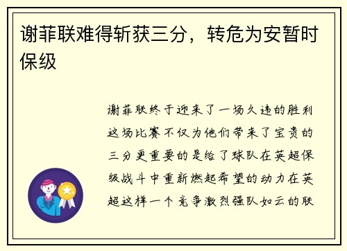 谢菲联难得斩获三分，转危为安暂时保级