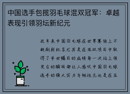 中国选手包揽羽毛球混双冠军：卓越表现引领羽坛新纪元