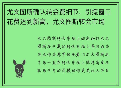 尤文图斯确认转会费细节，引援窗口花费达到新高，尤文图斯转会市场