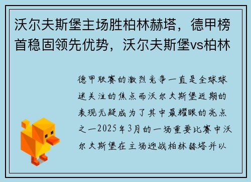 沃尔夫斯堡主场胜柏林赫塔，德甲榜首稳固领先优势，沃尔夫斯堡vs柏林赫塔