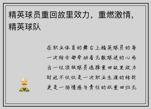 精英球员重回故里效力，重燃激情，精英球队