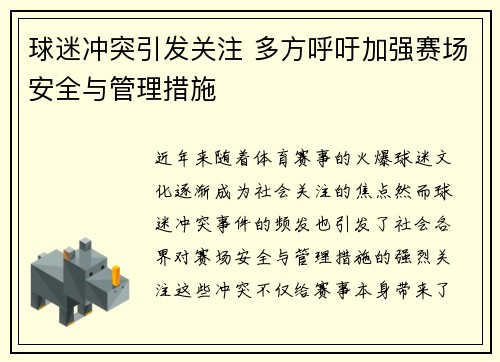 球迷冲突引发关注 多方呼吁加强赛场安全与管理措施
