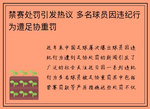 禁赛处罚引发热议 多名球员因违纪行为遭足协重罚
